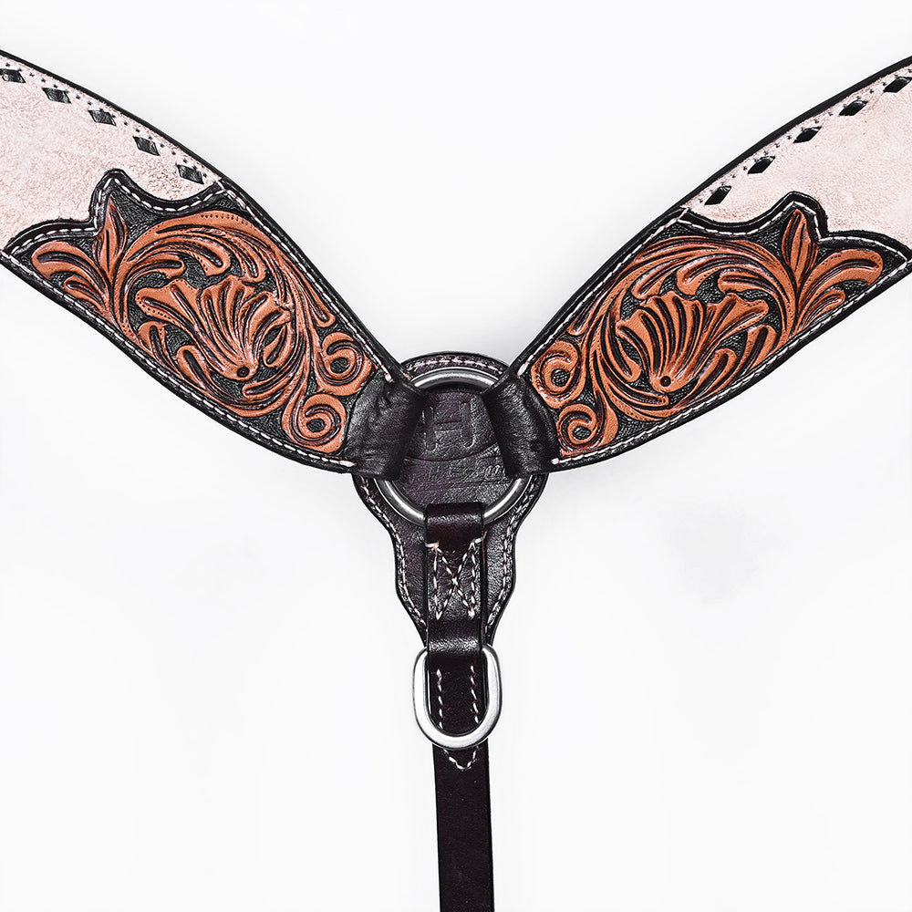 BAR H EQUINE Western Handtooled Leather Horse Headstall &amp; Breast Collar Set