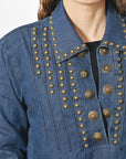 Vintage Denim Western Dress With Studded Tunic Antique Rivets Premium Cotton Fabric