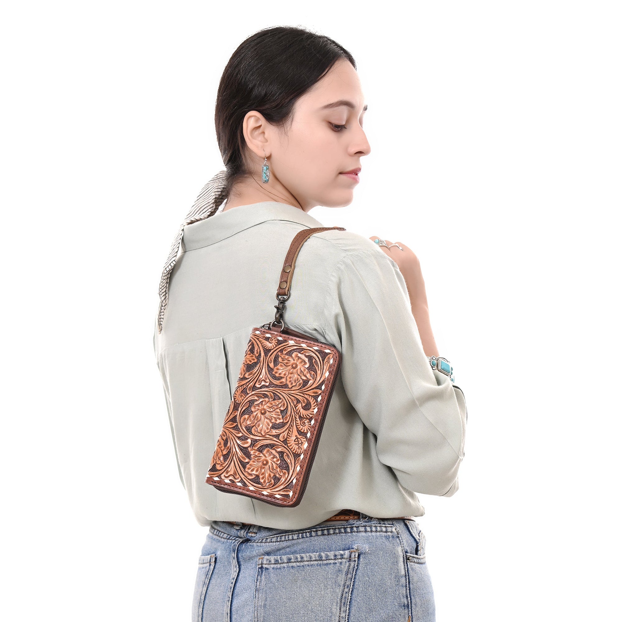 American Darling Wristlet Beautifully Hand Tooled  Genuine Leather women bag western handbag purse