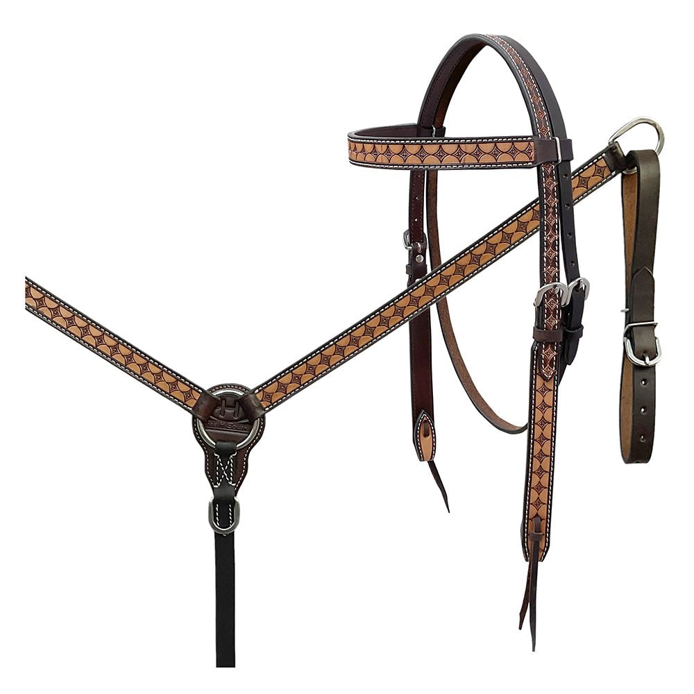 BAR H EQUINE Western Handtooled Leather Horse Headstall &amp; Breast Collar Set