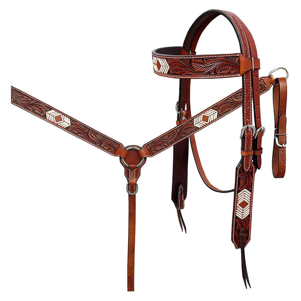 BAR H EQUINE Western Handtooled Leather Horse Headstall &amp; Breast Collar Set
