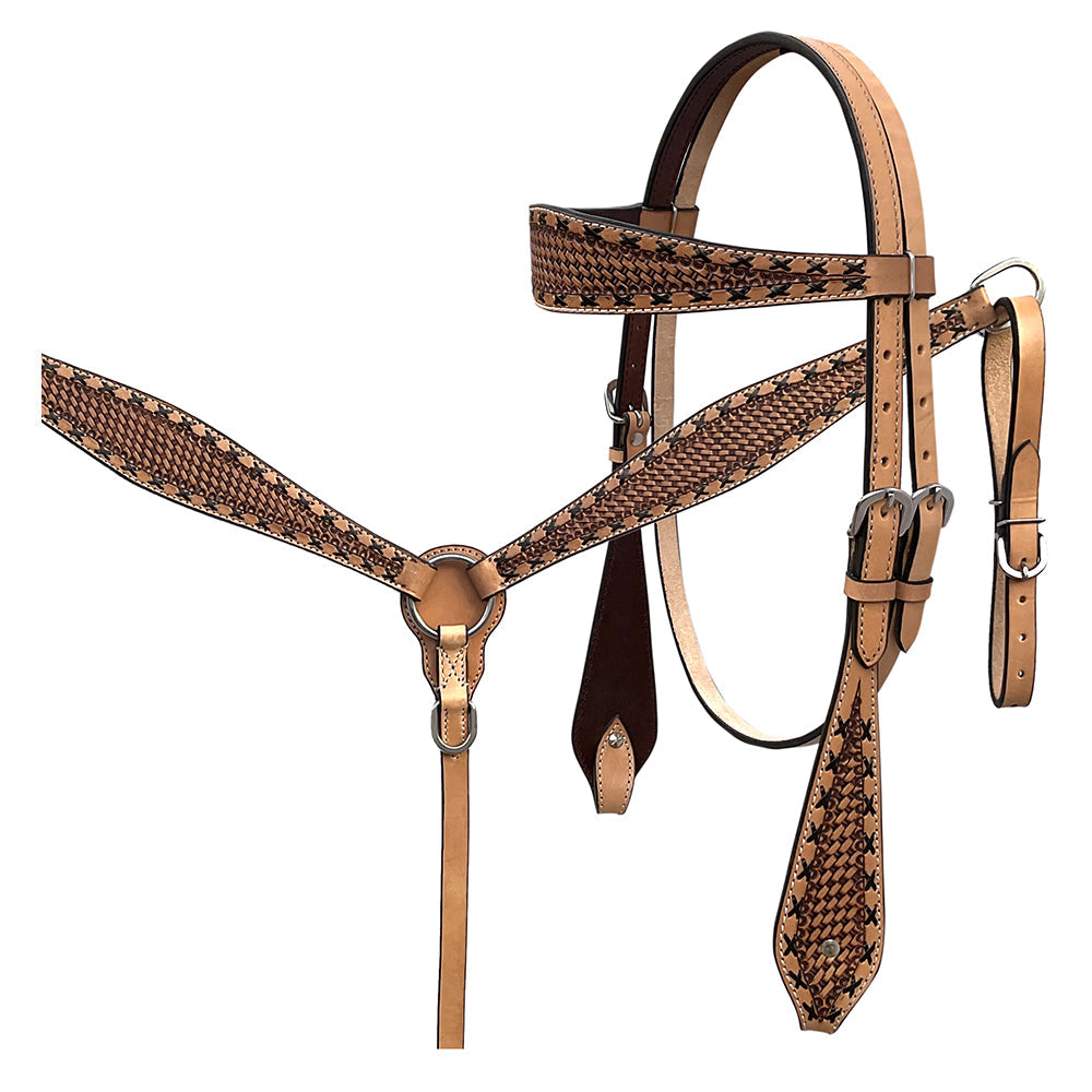 BAR H EQUINE Western Handtooled Leather Horse Headstall &amp; Breast Collar Set