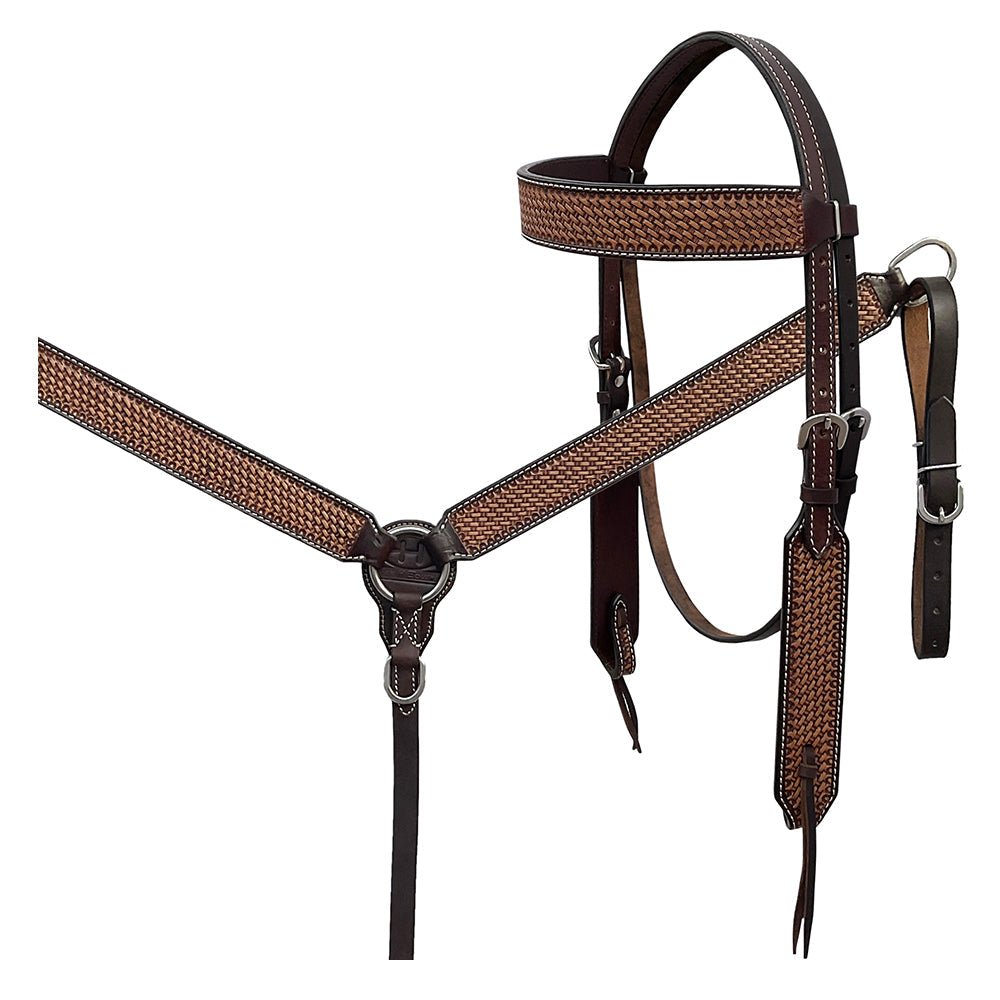BAR H EQUINE Western Handtooled Leather Horse Headstall &amp; Breast Collar Set