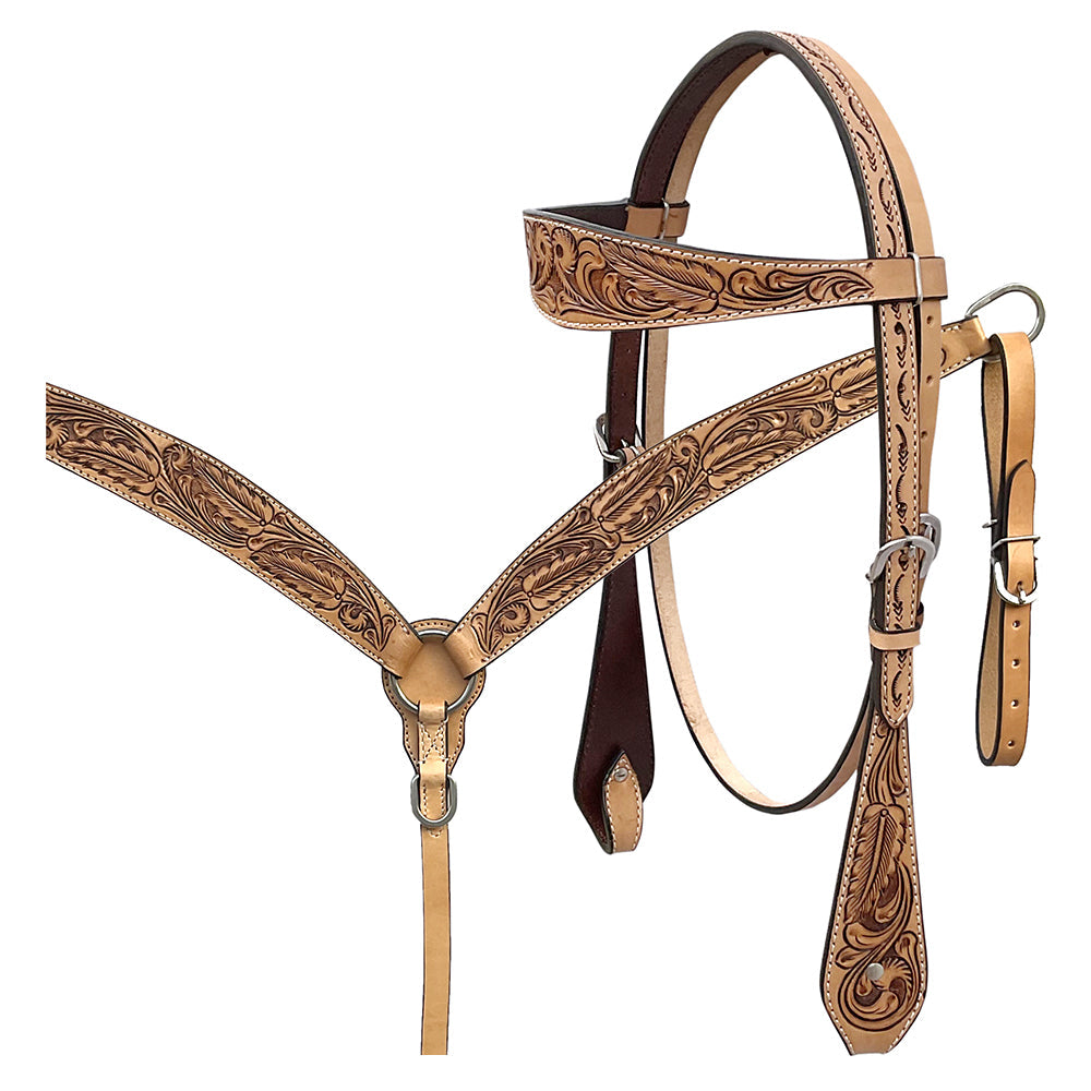 BAR H EQUINE Western Handtooled Leather Horse Headstall &amp; Breast Collar Set