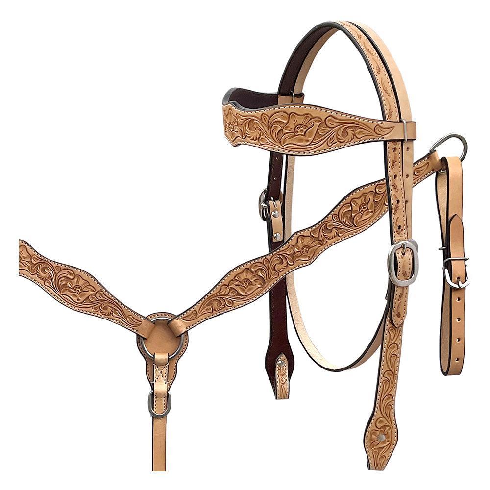 BAR H EQUINE Western Handtooled Leather Horse Headstall &amp; Breast Collar Set