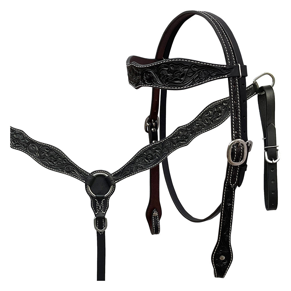 BAR H EQUINE Western Handtooled Leather Horse Headstall &amp; Breast Collar Set