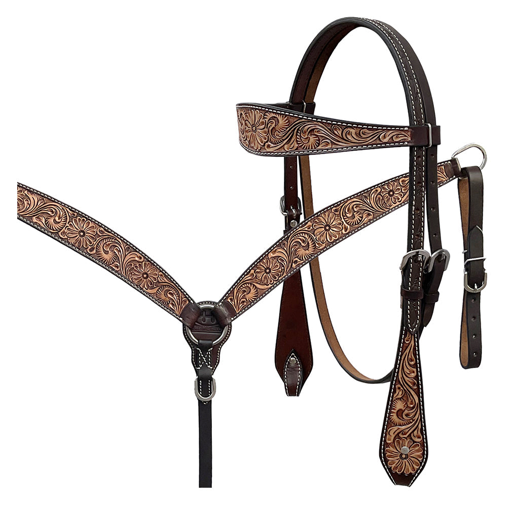 BAR H EQUINE Western Handtooled Leather Horse Headstall &amp; Breast Collar Set