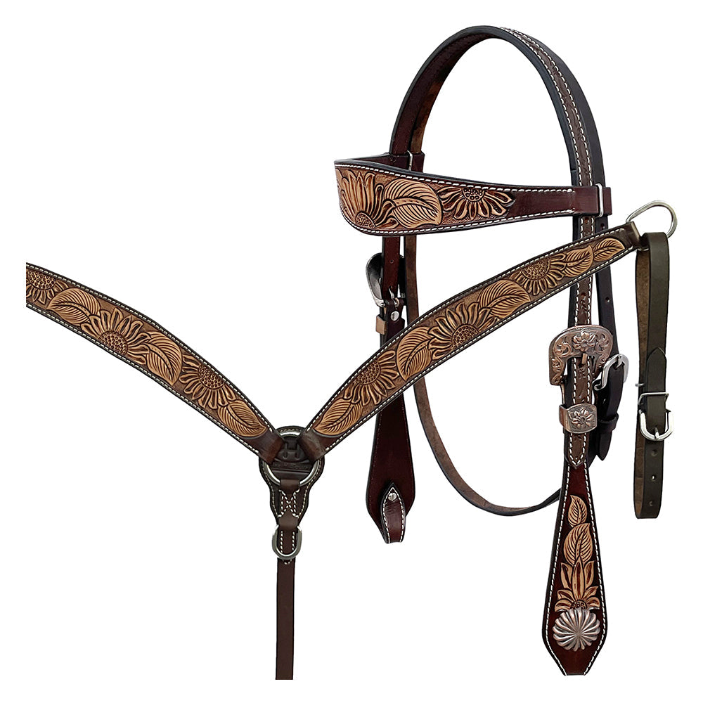 BAR H EQUINE Western Handtooled Leather Horse Headstall &amp; Breast Collar Set