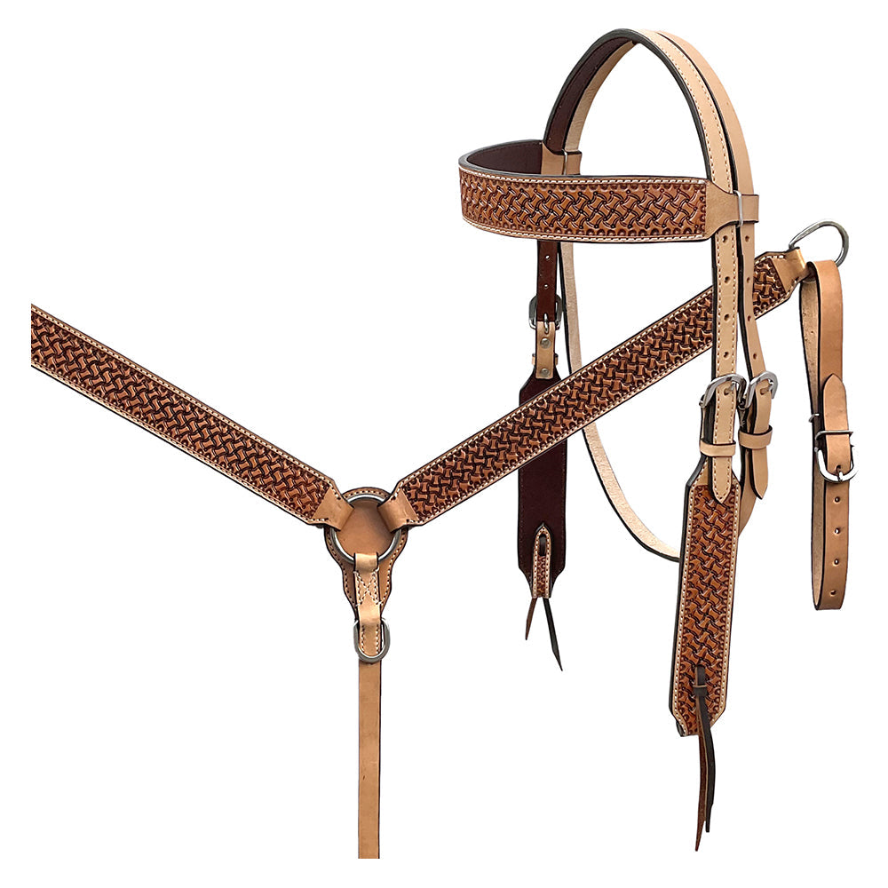 BAR H EQUINE Western Handtooled Leather Horse Headstall &amp; Breast Collar Set