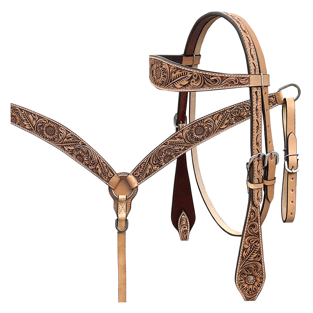 BAR H EQUINE Western Handtooled Leather Horse Headstall &amp; Breast Collar Set