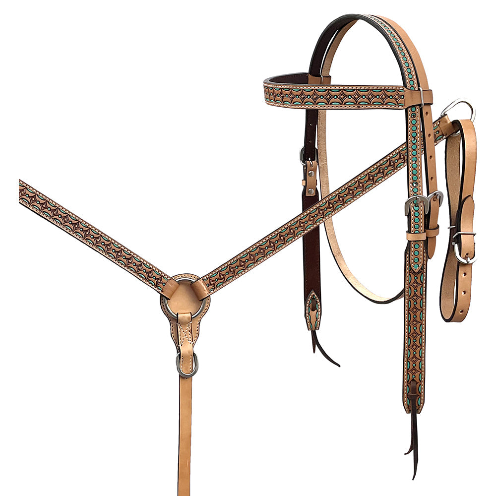 BAR H EQUINE Western Handtooled Leather Horse Headstall &amp; Breast Collar Set
