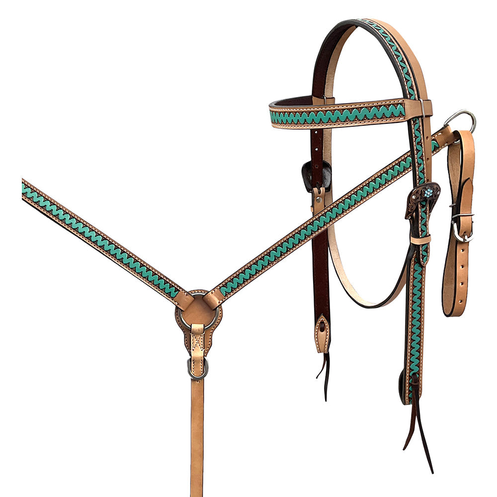 BAR H EQUINE Western Handtooled Leather Horse Headstall &amp; Breast Collar Set