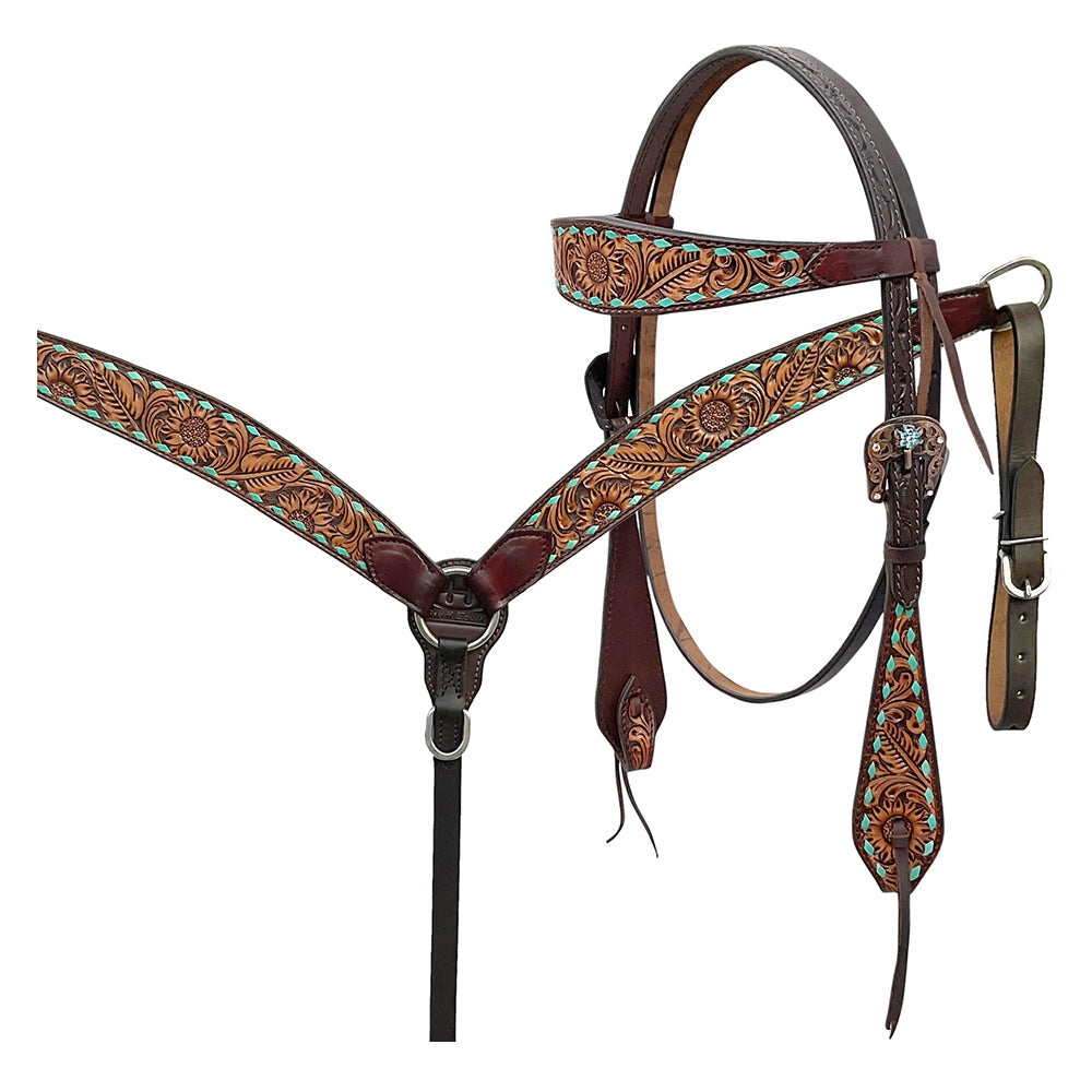 BAR H EQUINE Western Handtooled Leather Horse Headstall &amp; Breast Collar Set