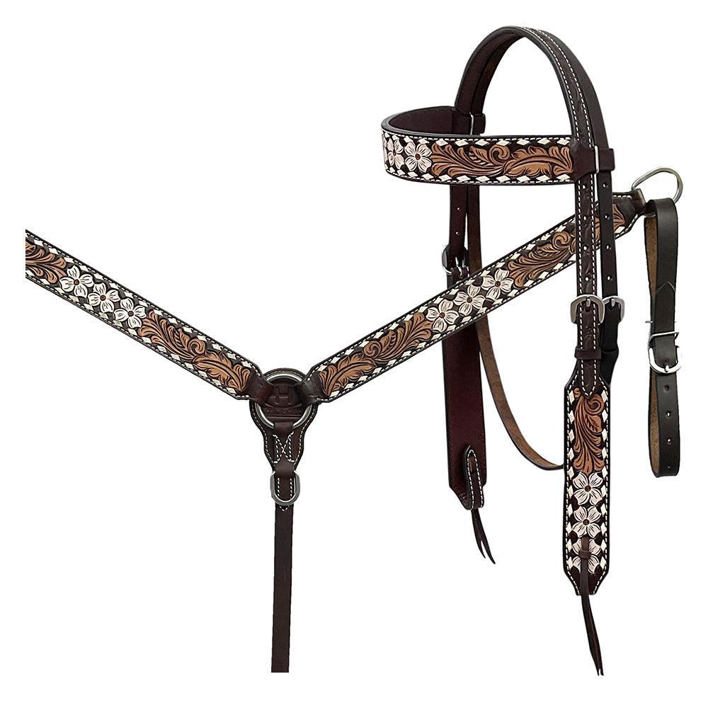 BAR H EQUINE Western Handtooled Leather Horse Headstall &amp; Breast Collar Set