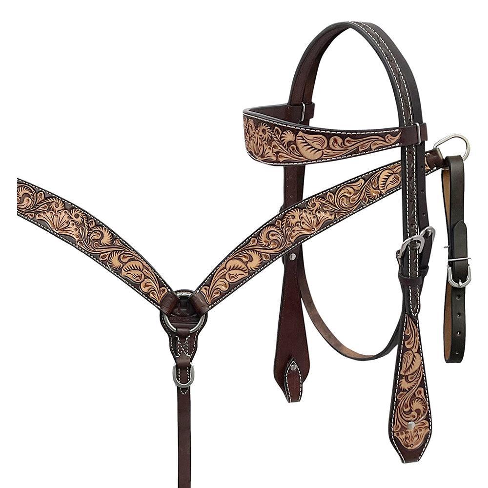 BAR H EQUINE Western Handtooled Leather Horse Headstall &amp; Breast Collar Set