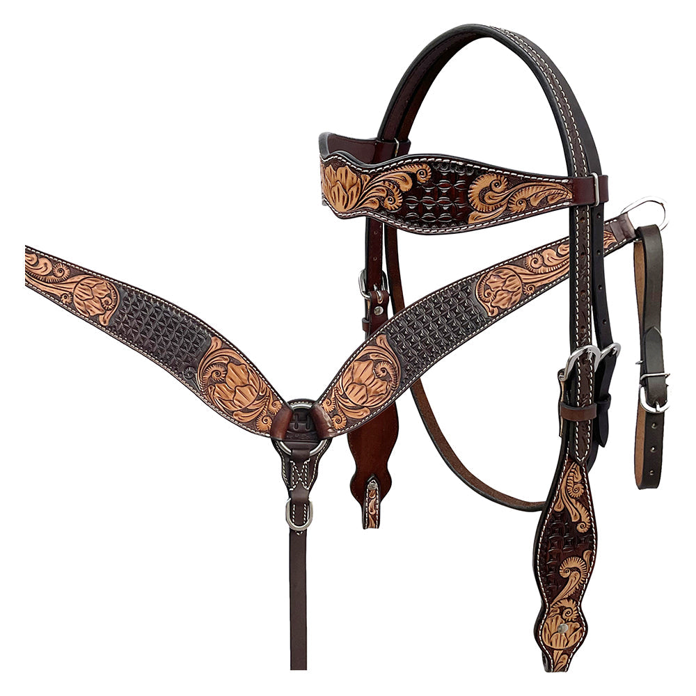 BAR H EQUINE Western Handtooled Leather Horse Headstall &amp; Breast Collar Set
