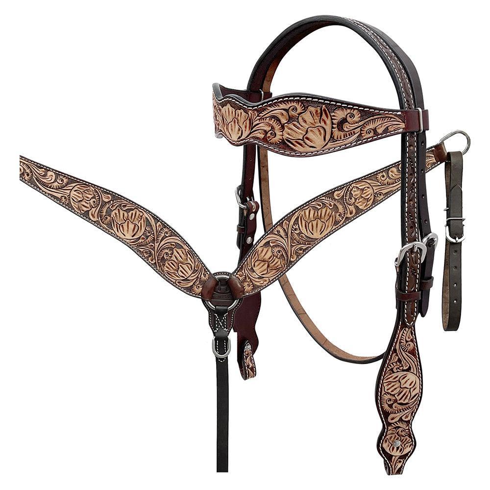 BAR H EQUINE Western Handtooled Leather Horse Headstall &amp; Breast Collar Set