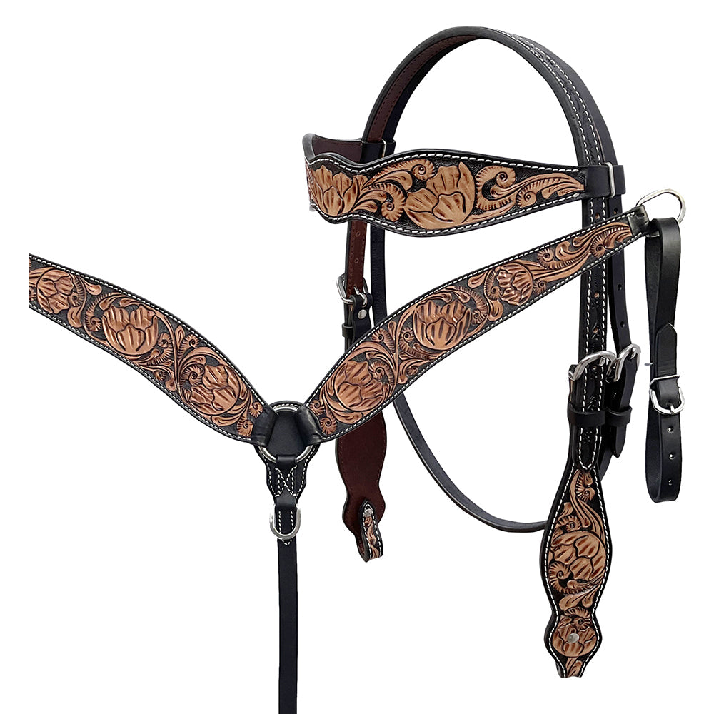 BAR H EQUINE Western Handtooled Leather Horse Headstall &amp; Breast Collar Set