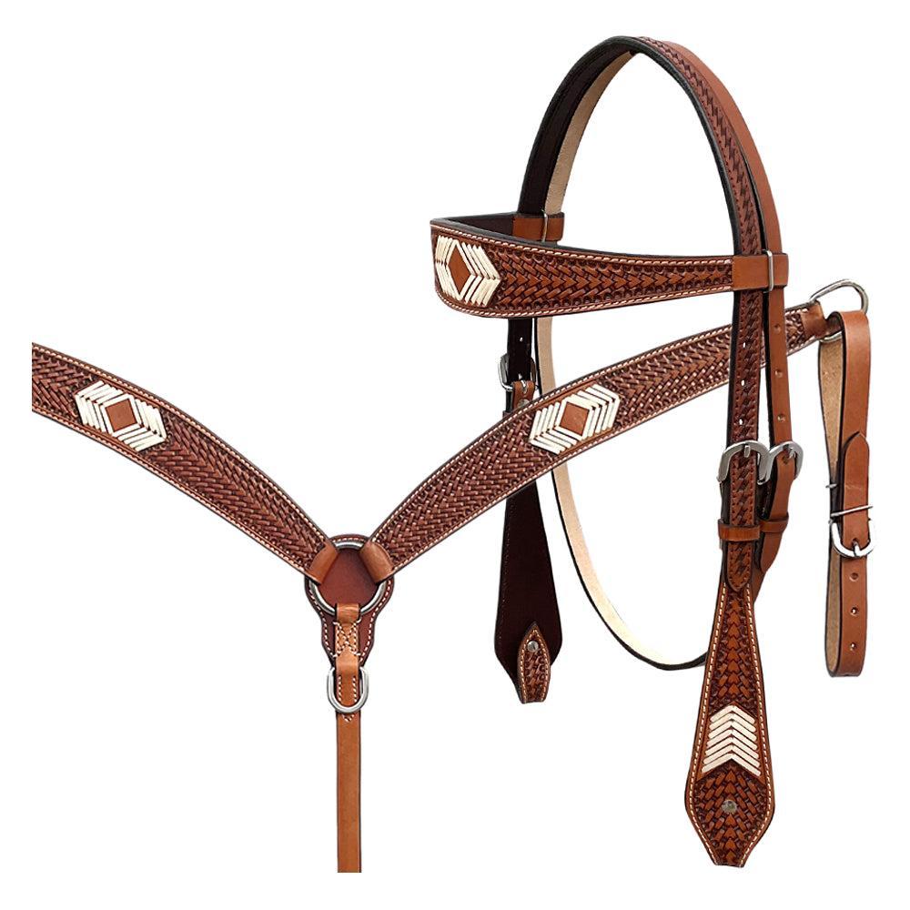 BAR H EQUINE Western Handtooled Leather Horse Headstall &amp; Breast Collar Set