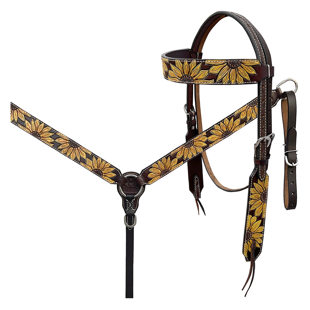 BAR H EQUINE Western Handtooled Leather Horse Headstall &amp; Breast Collar Set