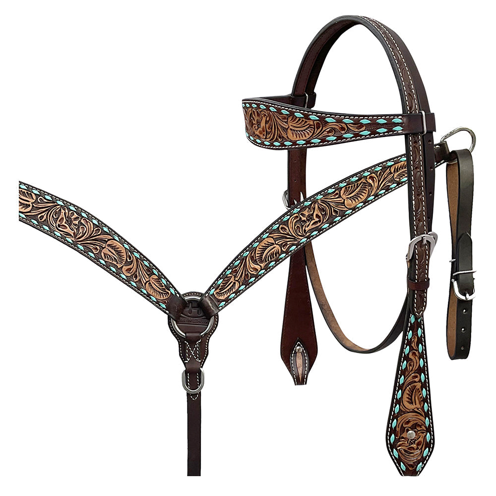 BAR H EQUINE Western Handtooled Leather Horse Headstall &amp; Breast Collar Set