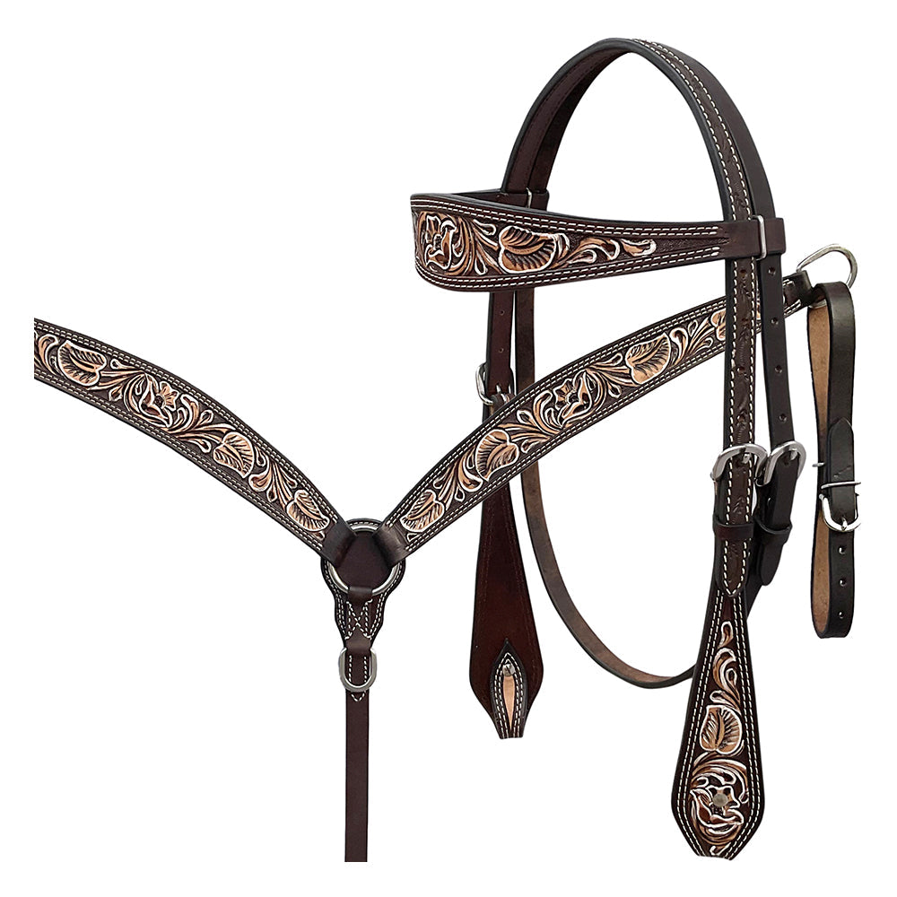 BAR H EQUINE Western Handtooled Leather Horse Headstall &amp; Breast Collar Set