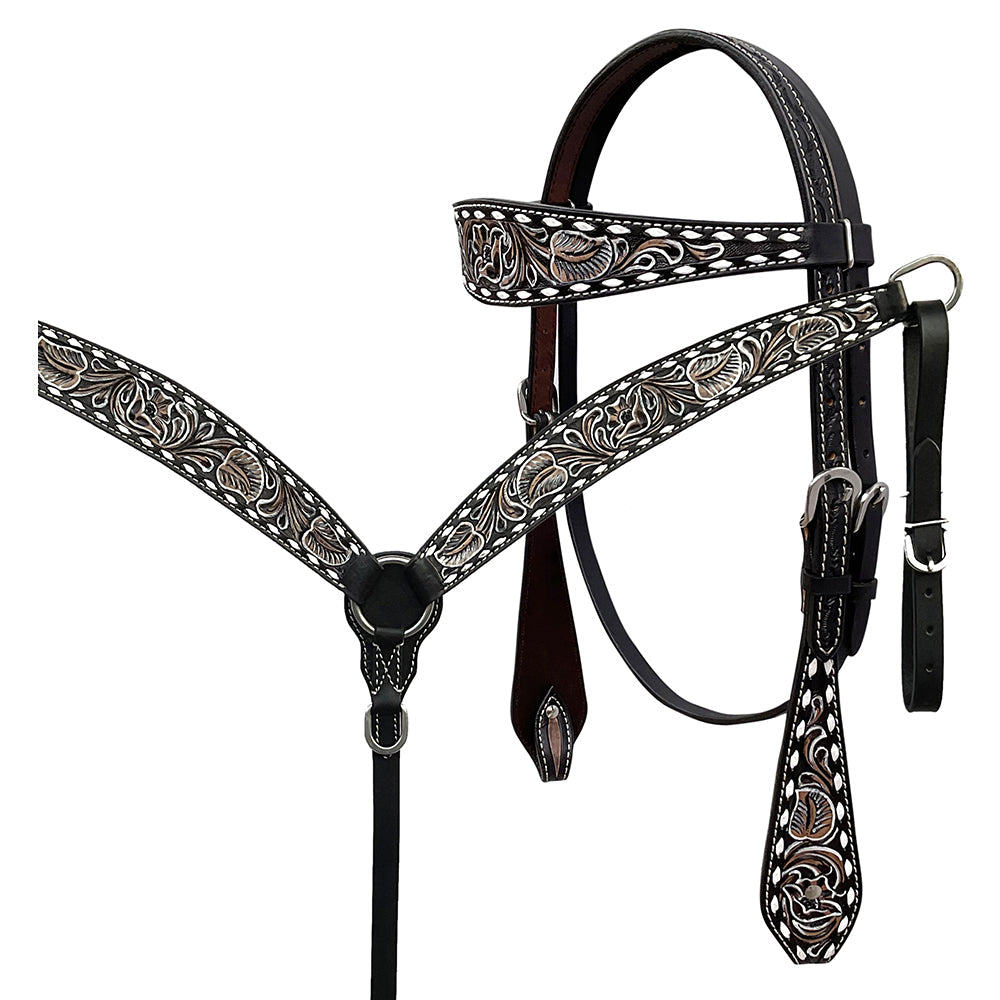 BAR H EQUINE Western Handtooled Leather Horse Headstall &amp; Breast Collar Set