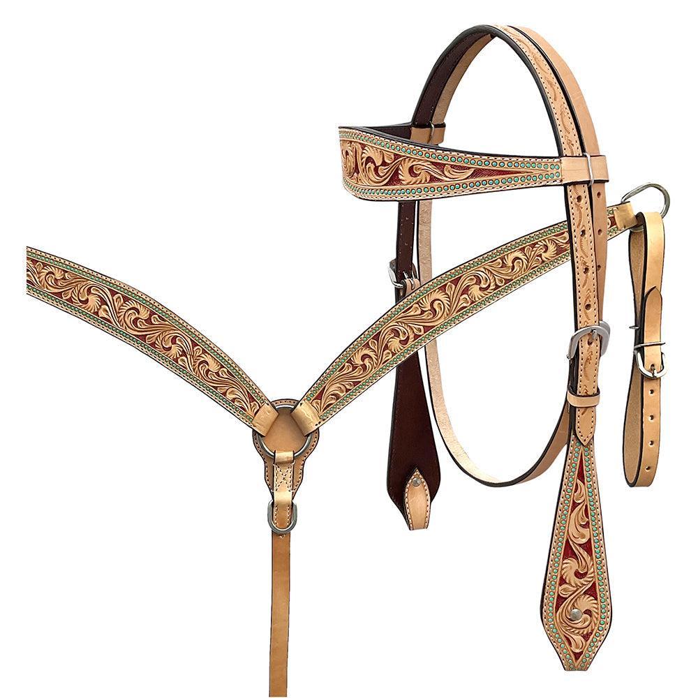 BAR H EQUINE Western Handtooled Leather Horse Headstall &amp; Breast Collar Set