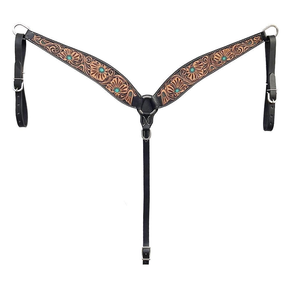 BAR H EQUINE Western Handtooled Leather Horse Headstall &amp; Breast Collar Set
