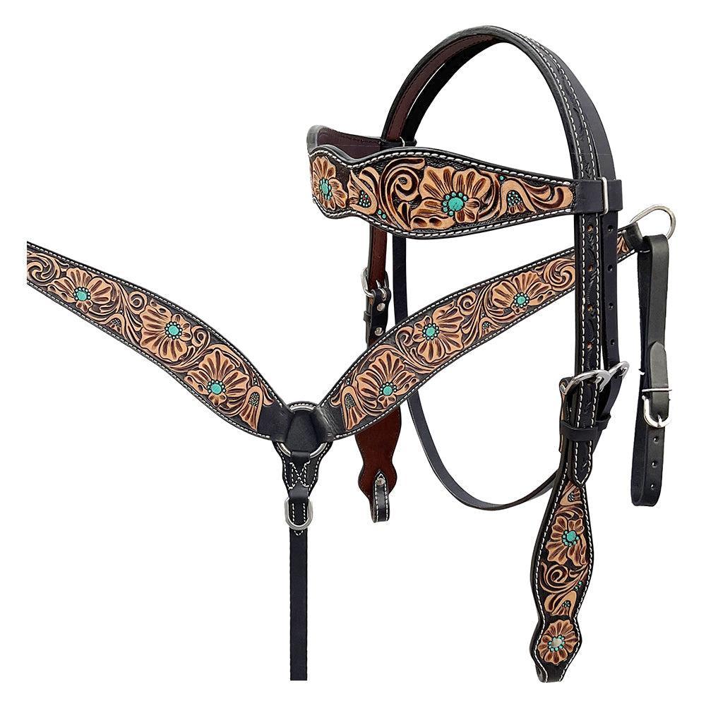 BAR H EQUINE Western Handtooled Leather Horse Headstall &amp; Breast Collar Set