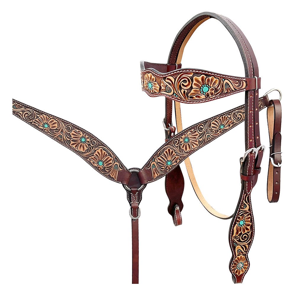 BAR H EQUINE Western Handtooled Leather Horse Headstall &amp; Breast Collar Set