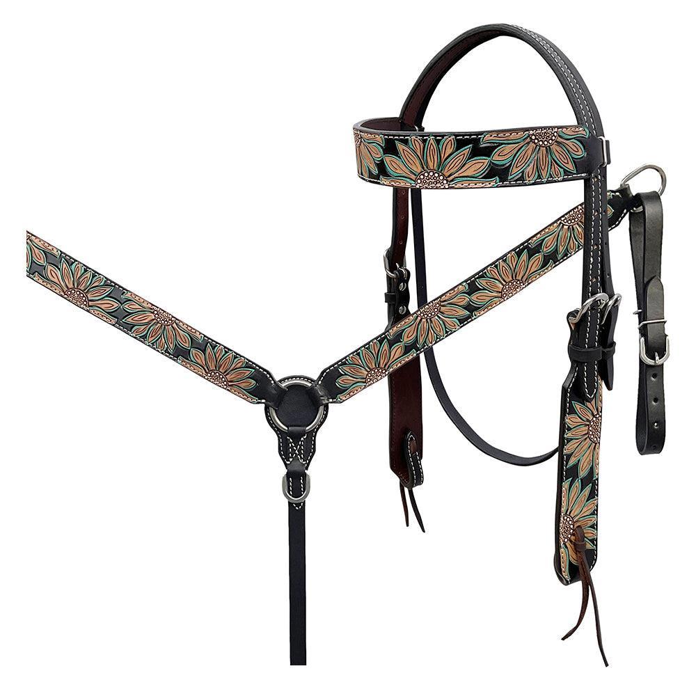 BAR H EQUINE Western Handtooled Leather Horse Headstall &amp; Breast Collar Set