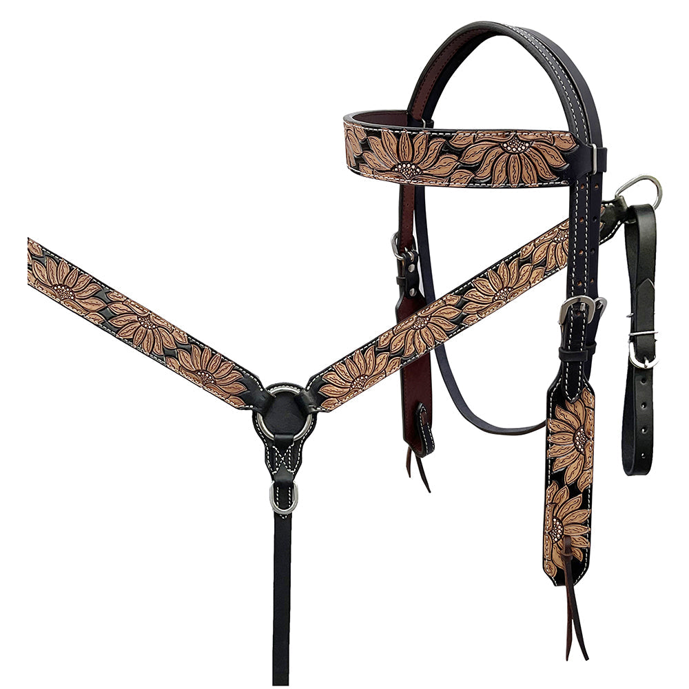 BAR H EQUINE Western Handtooled Leather Horse Headstall &amp; Breast Collar Set