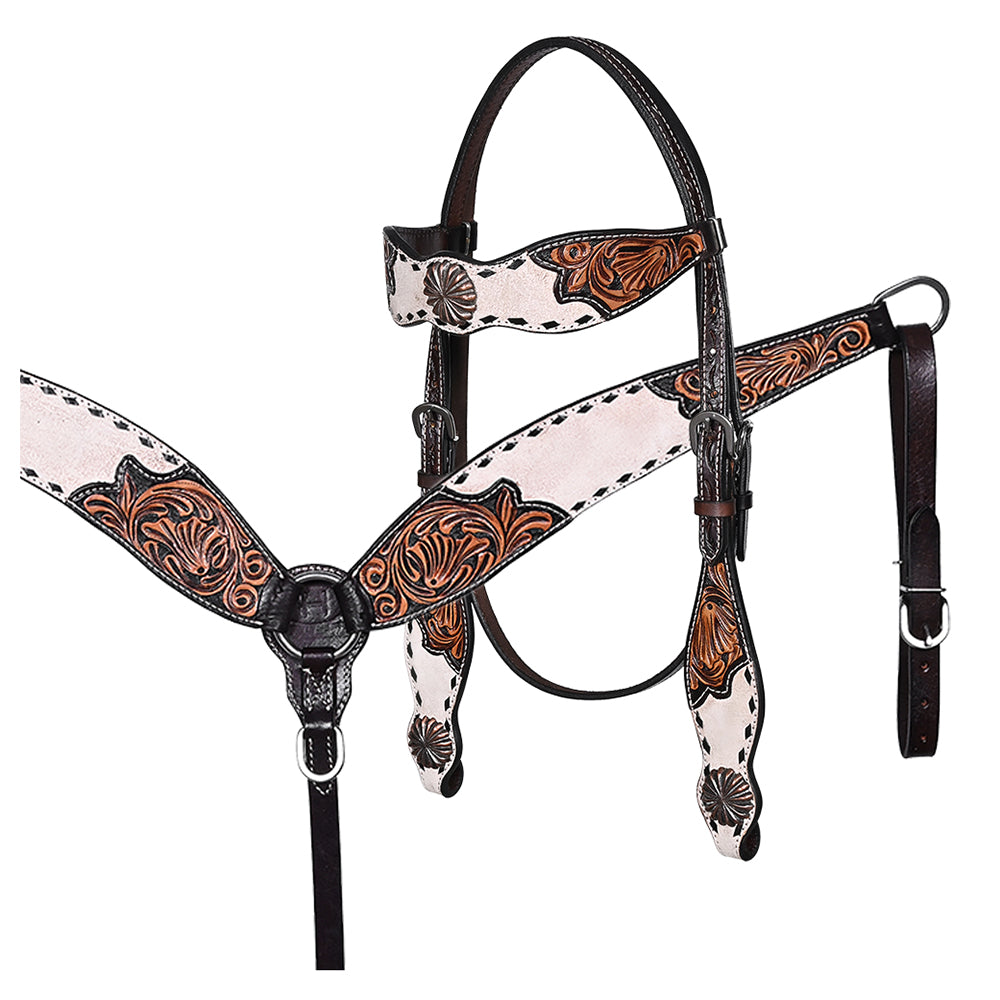 BAR H EQUINE Western Handtooled Leather Horse Headstall &amp; Breast Collar Set