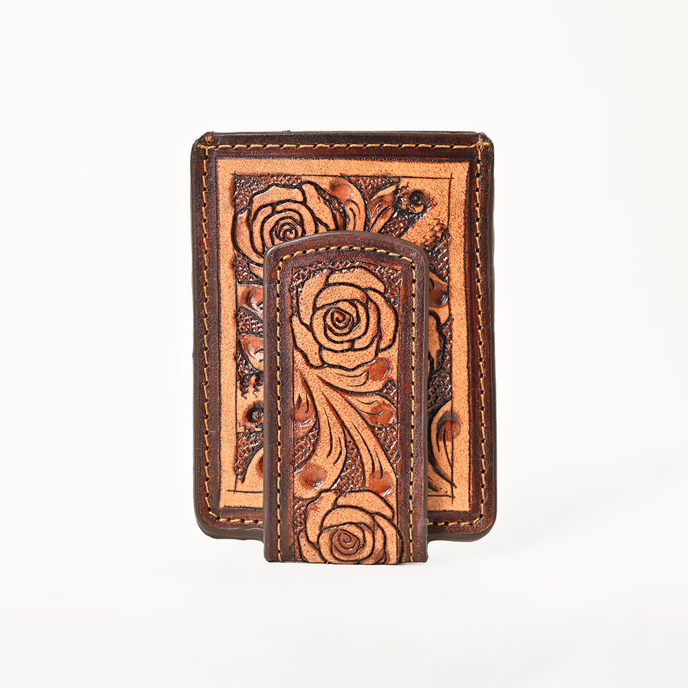 BAR H EQUINE Hand-Tooled Genuine Leather Money Clip Wallet Floral Carved | Western Style Card &amp; Cash Holder