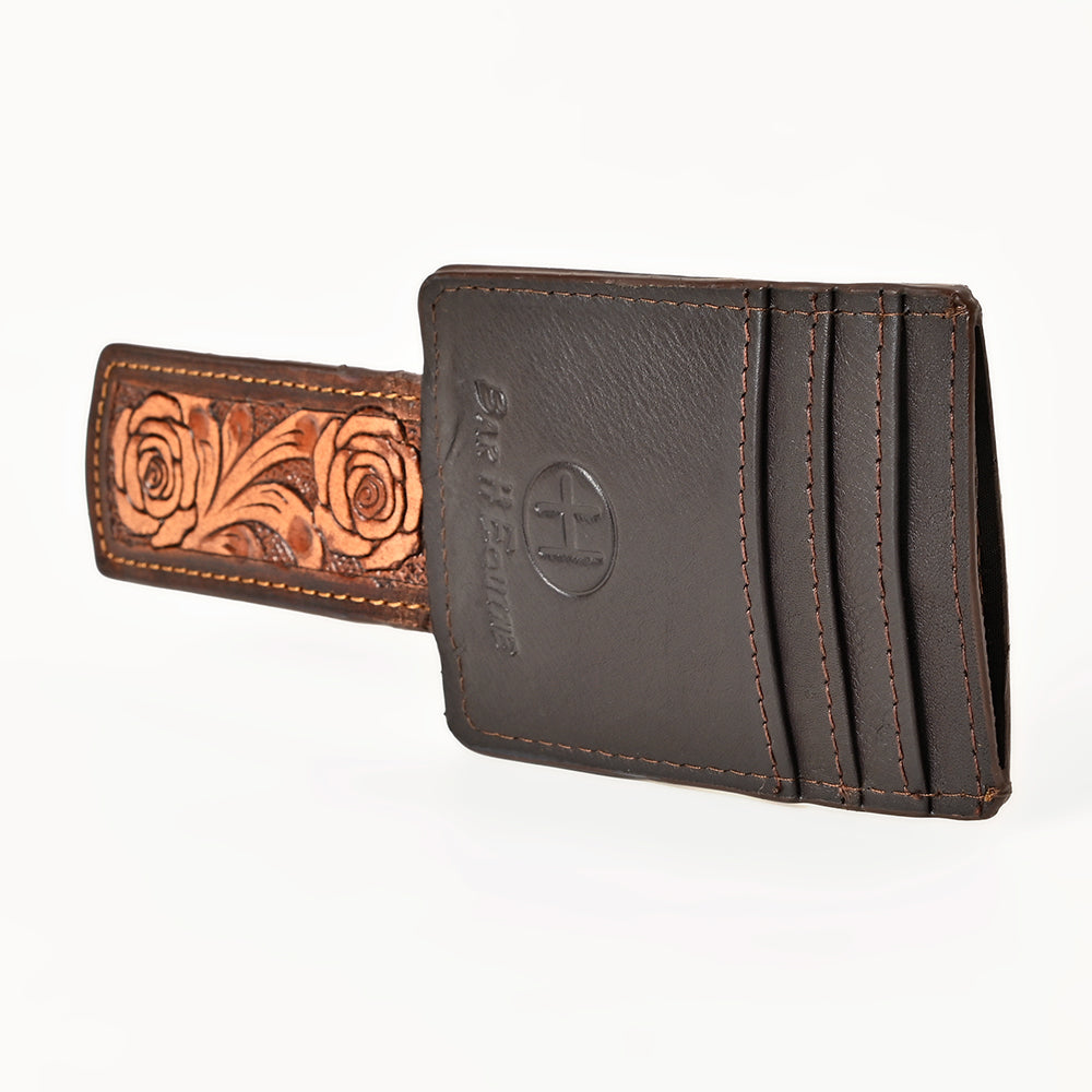 BAR H EQUINE Hand-Tooled Genuine Leather Money Clip Wallet Floral Carved | Western Style Card &amp; Cash Holder