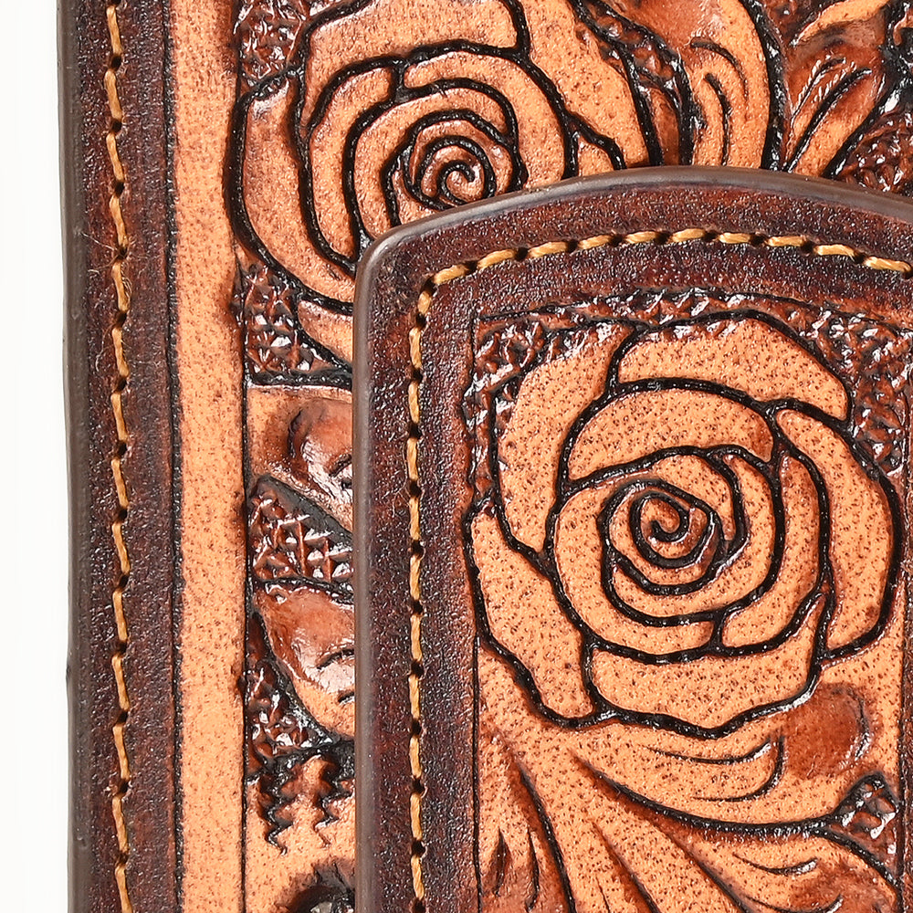 BAR H EQUINE Hand-Tooled Genuine Leather Money Clip Wallet Floral Carved | Western Style Card &amp; Cash Holder