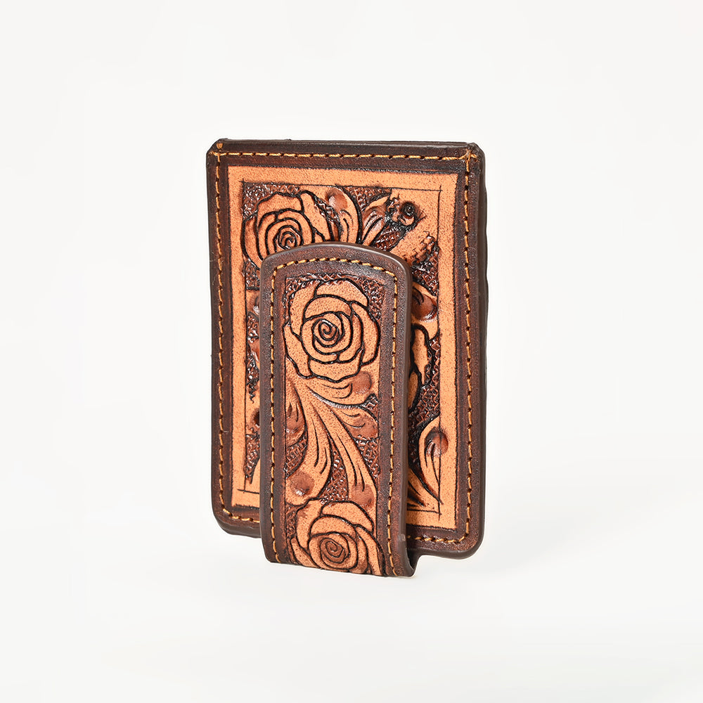 BAR H EQUINE Hand-Tooled Genuine Leather Money Clip Wallet Floral Carved | Western Style Card &amp; Cash Holder
