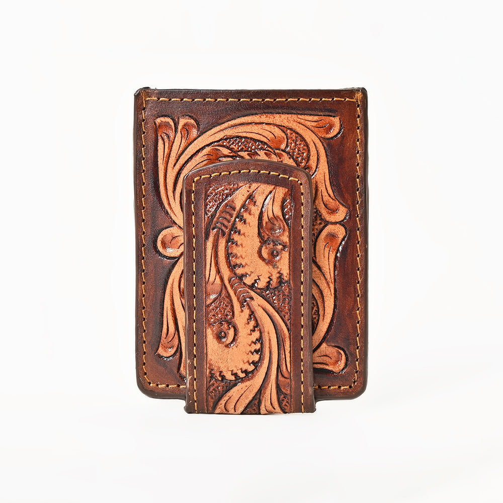 BAR H EQUINE Hand-Tooled Genuine Leather Money Clip Wallet Floral Carved | Western Style Card &amp; Cash Holder