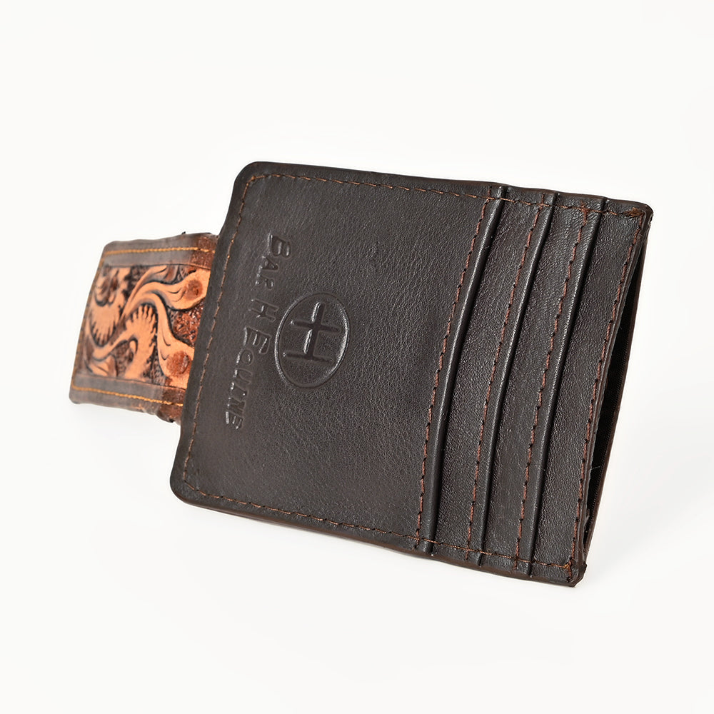 BAR H EQUINE Hand-Tooled Genuine Leather Money Clip Wallet Floral Carved | Western Style Card &amp; Cash Holder
