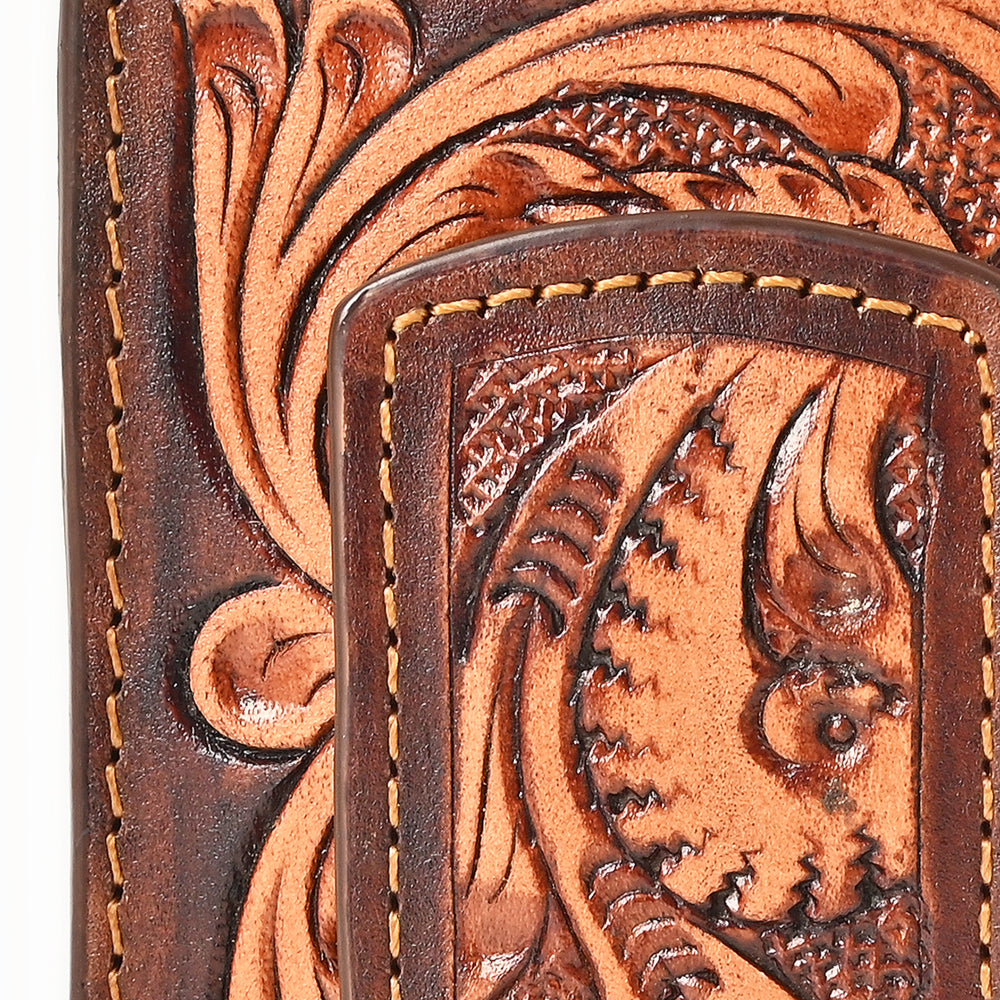 BAR H EQUINE Hand-Tooled Genuine Leather Money Clip Wallet Floral Carved | Western Style Card &amp; Cash Holder