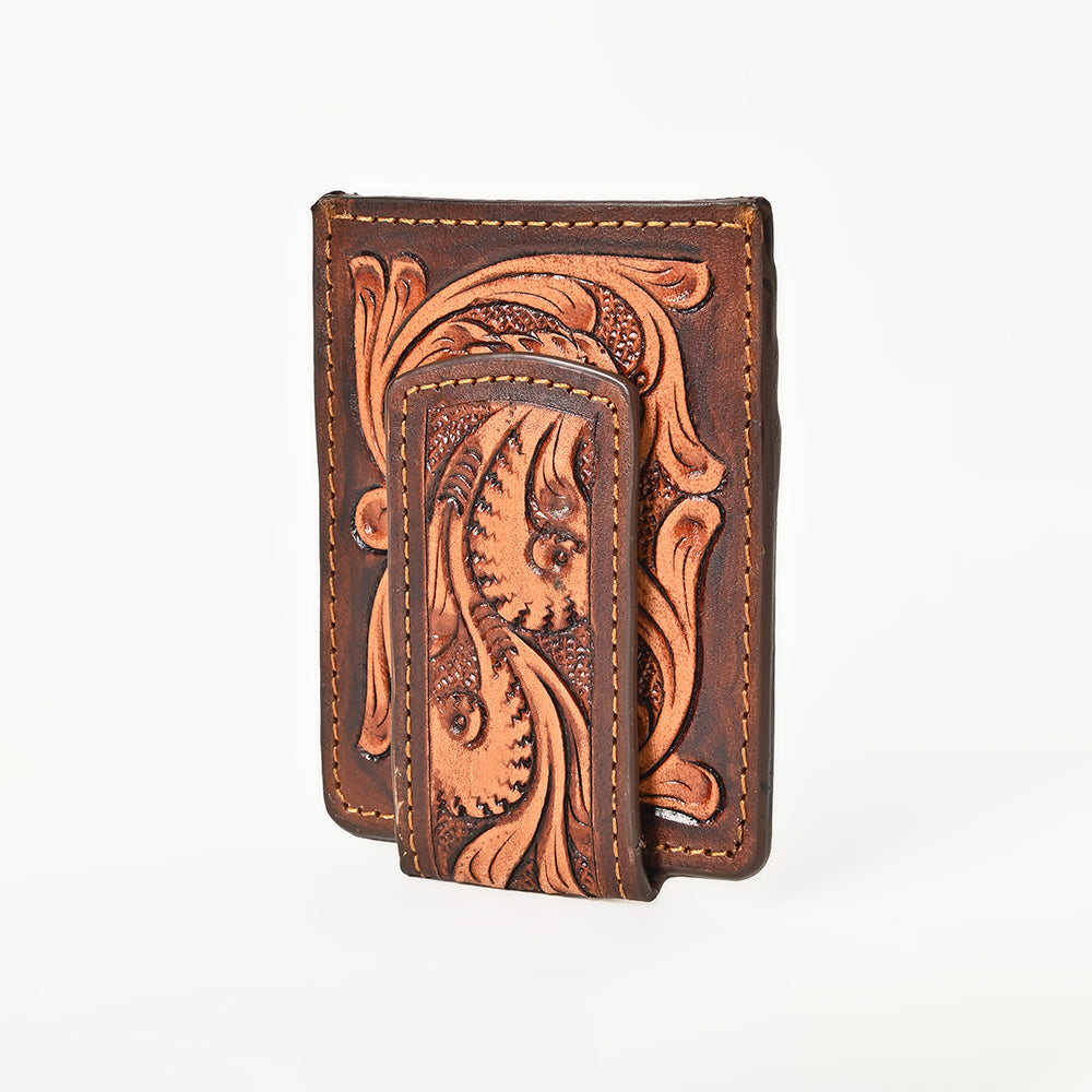 BAR H EQUINE Hand-Tooled Genuine Leather Money Clip Wallet Floral Carved | Western Style Card &amp; Cash Holder