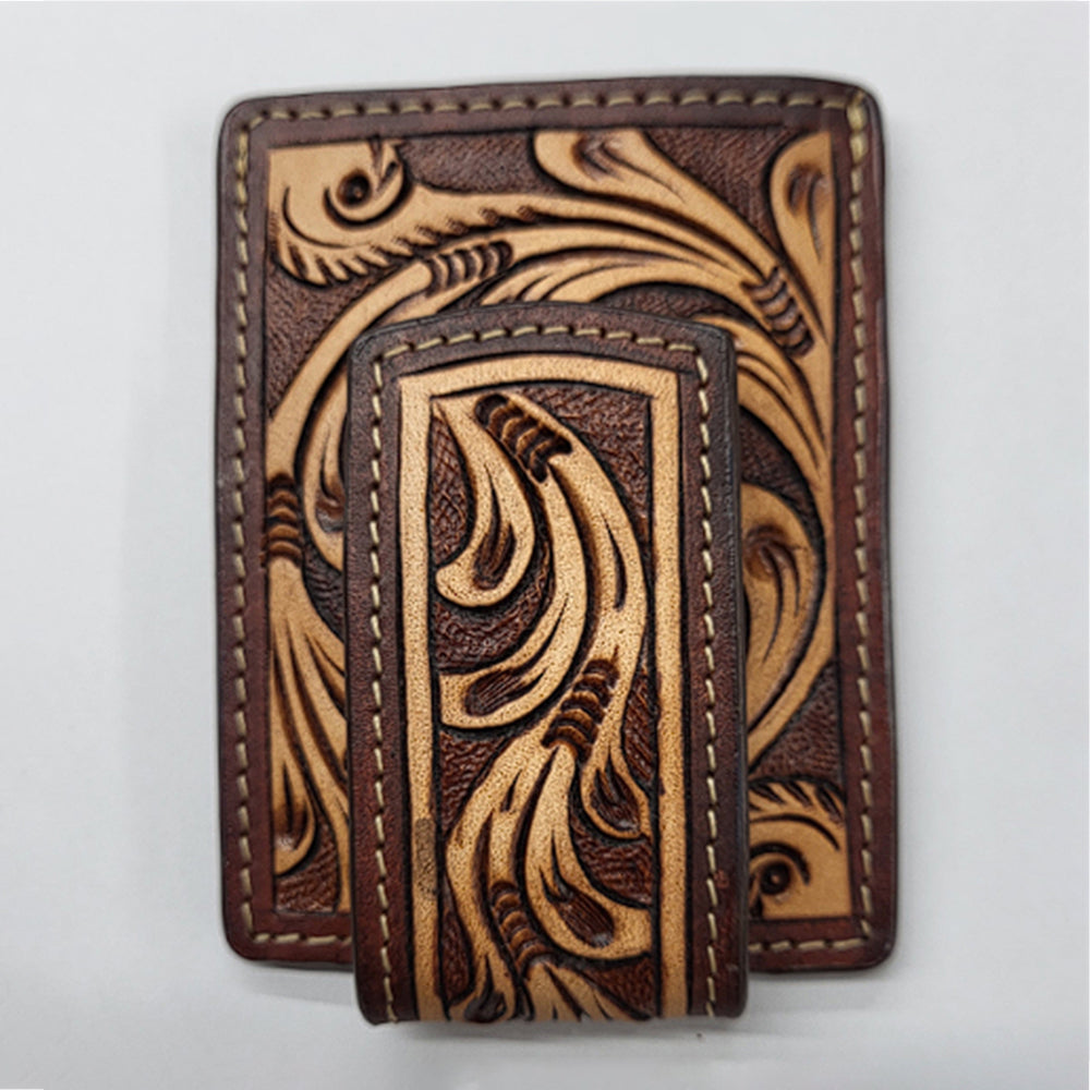 BAR H EQUINE Hand-Tooled Genuine Leather Money Clip Wallet Floral Carved | Western Style Card &amp; Cash Holder