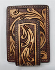 BAR H EQUINE Hand-Tooled Genuine Leather Money Clip Wallet Floral Carved | Western Style Card & Cash Holder