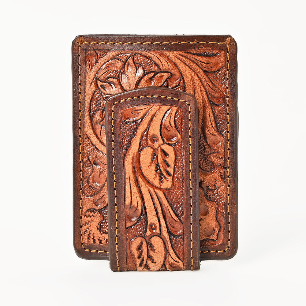 BAR H EQUINE Hand-Tooled Genuine Leather Money Clip Wallet Floral Carved | Western Style Card &amp; Cash Holder