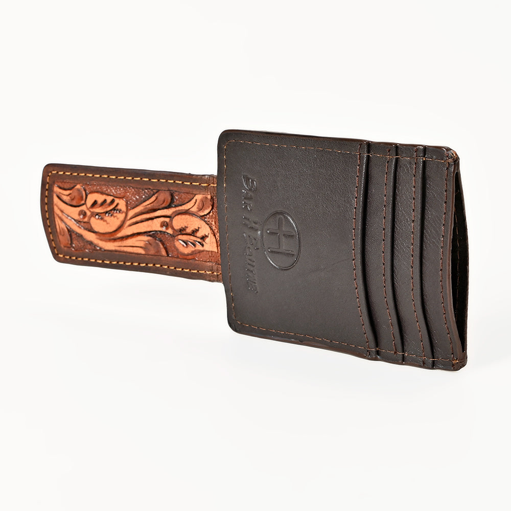 BAR H EQUINE Hand-Tooled Genuine Leather Money Clip Wallet Floral Carved | Western Style Card &amp; Cash Holder