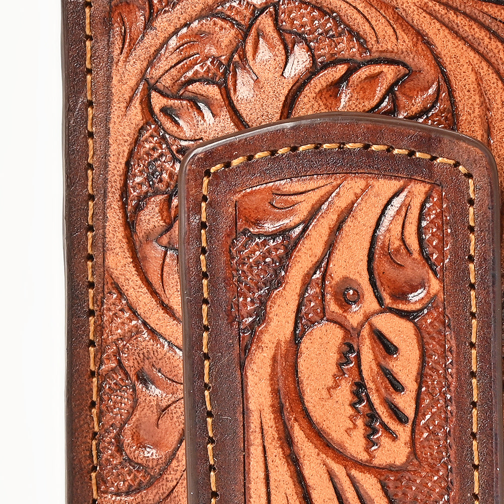 BAR H EQUINE Hand-Tooled Genuine Leather Money Clip Wallet Floral Carved | Western Style Card &amp; Cash Holder