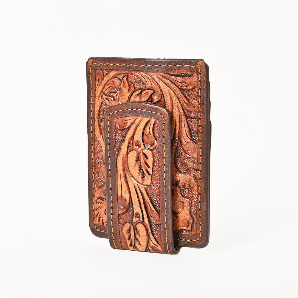 BAR H EQUINE Hand-Tooled Genuine Leather Money Clip Wallet Floral Carved | Western Style Card &amp; Cash Holder