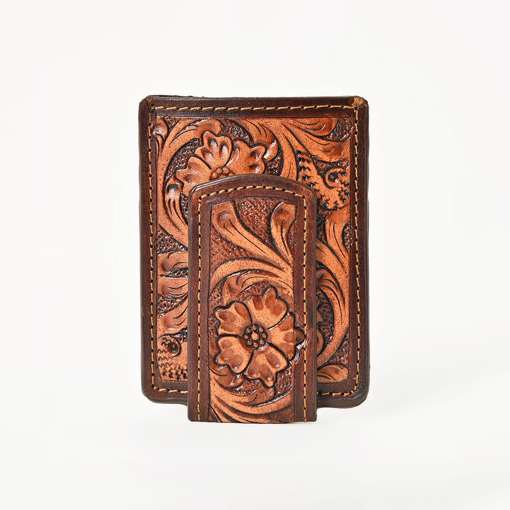 BAR H EQUINE Hand-Tooled Genuine Leather Money Clip Wallet Floral Carved | Western Style Card &amp; Cash Holder