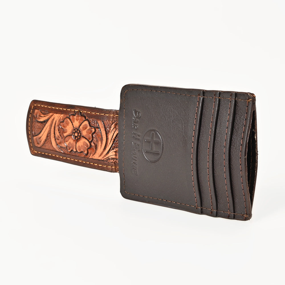 BAR H EQUINE Hand-Tooled Genuine Leather Money Clip Wallet Floral Carved | Western Style Card &amp; Cash Holder